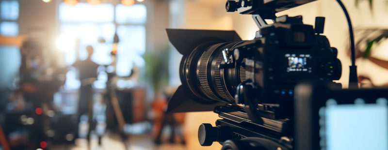 A behind-the-scenes look at a video production setup, featuring a camera and studio lighting in a professional setting